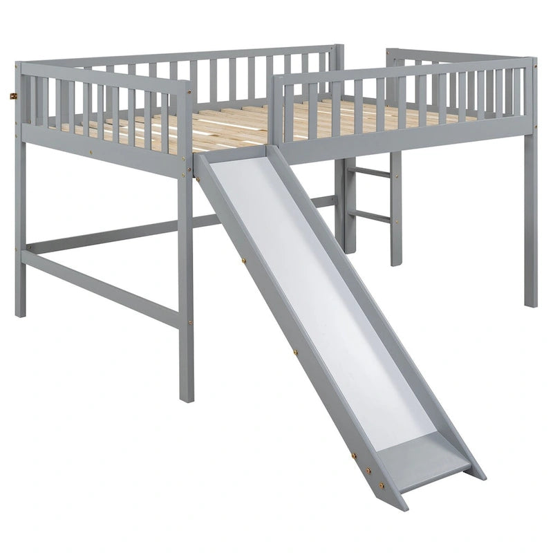 Solid Wood Full Size Low Loft Bed with Ladder and Slide