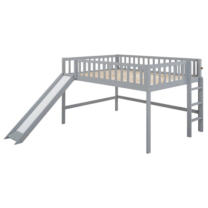 Solid Wood Full Size Low Loft Bed with Ladder and Slide