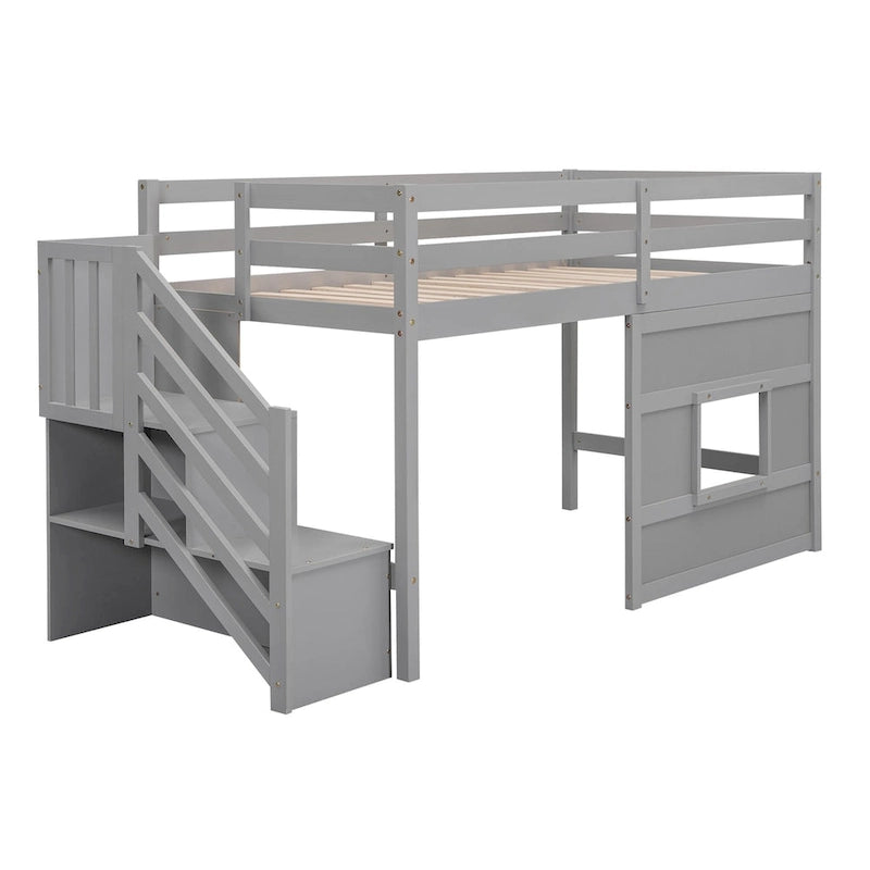 Twin Solid Wood Loft Bed with Storage Staircase