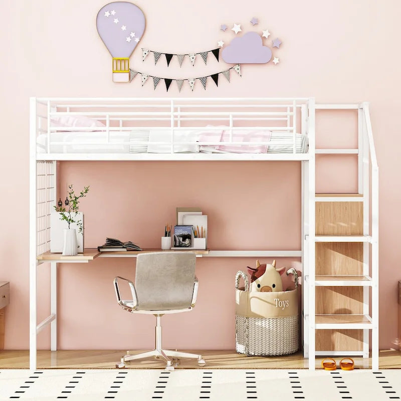 Twin Size Metal Loft Bed with Desk and Metal Grid, Stylish Metal Frame Bed with Lateral Storage Ladder and Wardrobe
