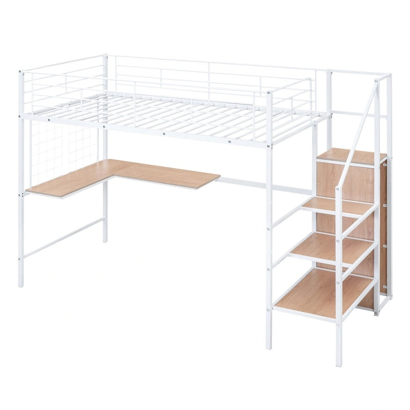 Twin Size Metal Loft Bed with Desk and Metal Grid, Stylish Metal Frame Bed with Lateral Storage Ladder and Wardrobe
