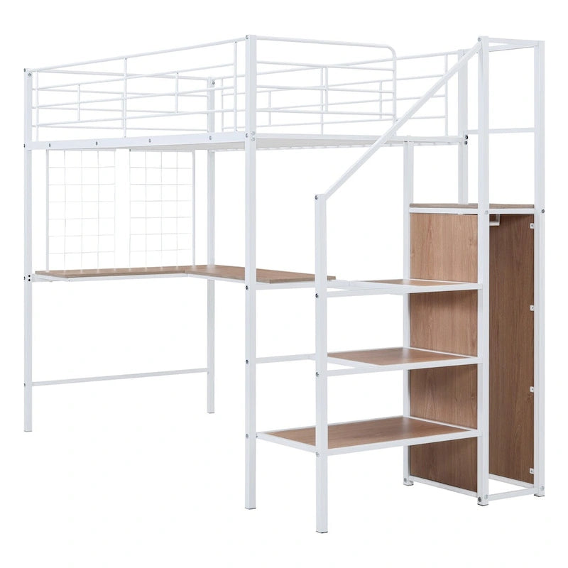 Twin Size Metal Loft Bed with Desk and Metal Grid, Stylish Metal Frame Bed with Lateral Storage Ladder and Wardrobe