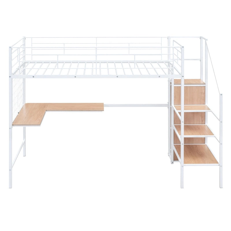 Twin Size Metal Loft Bed with Desk and Metal Grid, Stylish Metal Frame Bed with Lateral Storage Ladder and Wardrobe