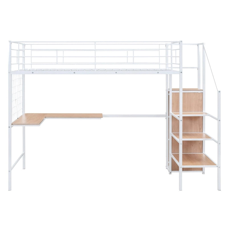 Twin Size Metal Loft Bed with Desk and Metal Grid, Stylish Metal Frame Bed with Lateral Storage Ladder and Wardrobe
