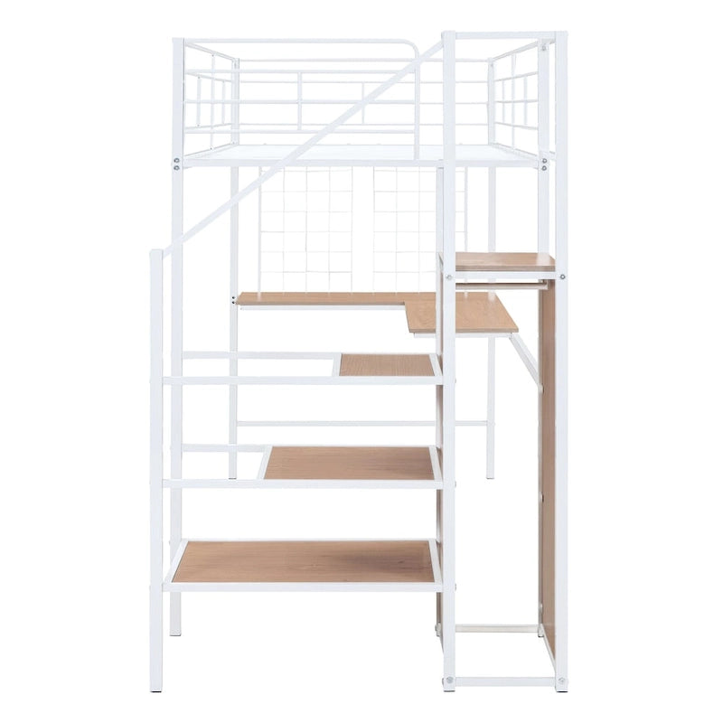 Twin Size Metal Loft Bed with Desk and Metal Grid, Stylish Metal Frame Bed with Lateral Storage Ladder and Wardrobe