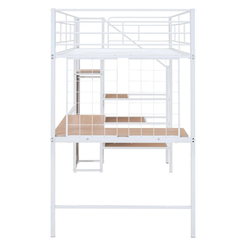 Twin Size Metal Loft Bed with Desk and Metal Grid, Stylish Metal Frame Bed with Lateral Storage Ladder and Wardrobe