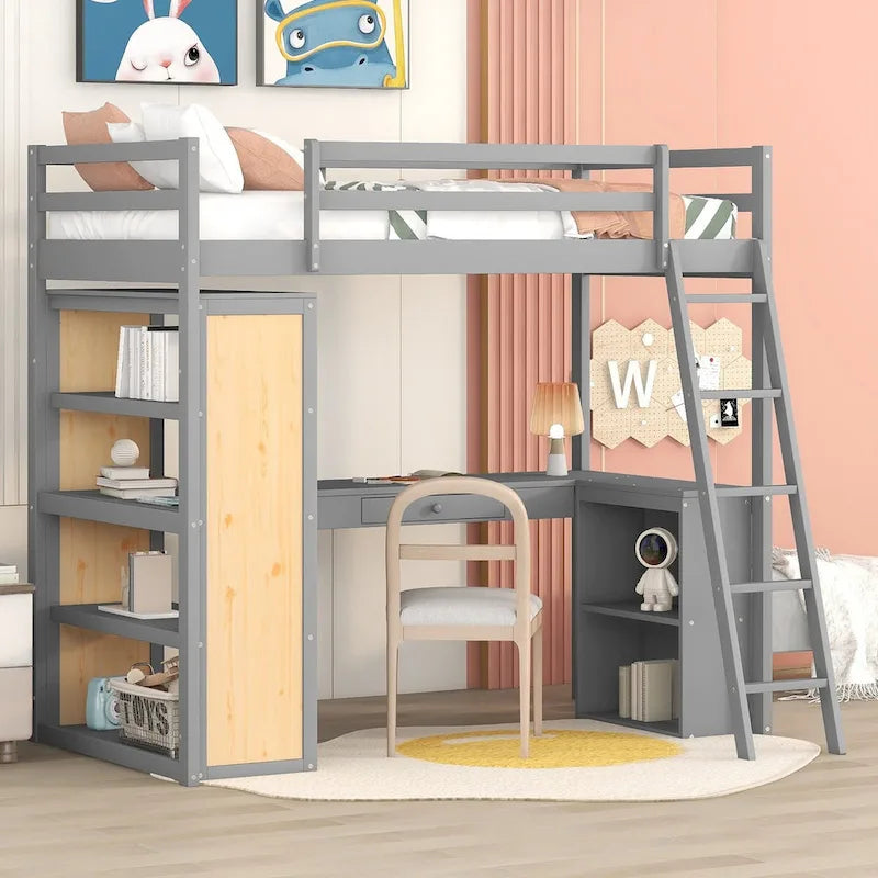 Twin Size Loft Bed with Desk and Drawer, Shelves and Cabinet Underneath, High Loft Bed Twin with Storage for Kids