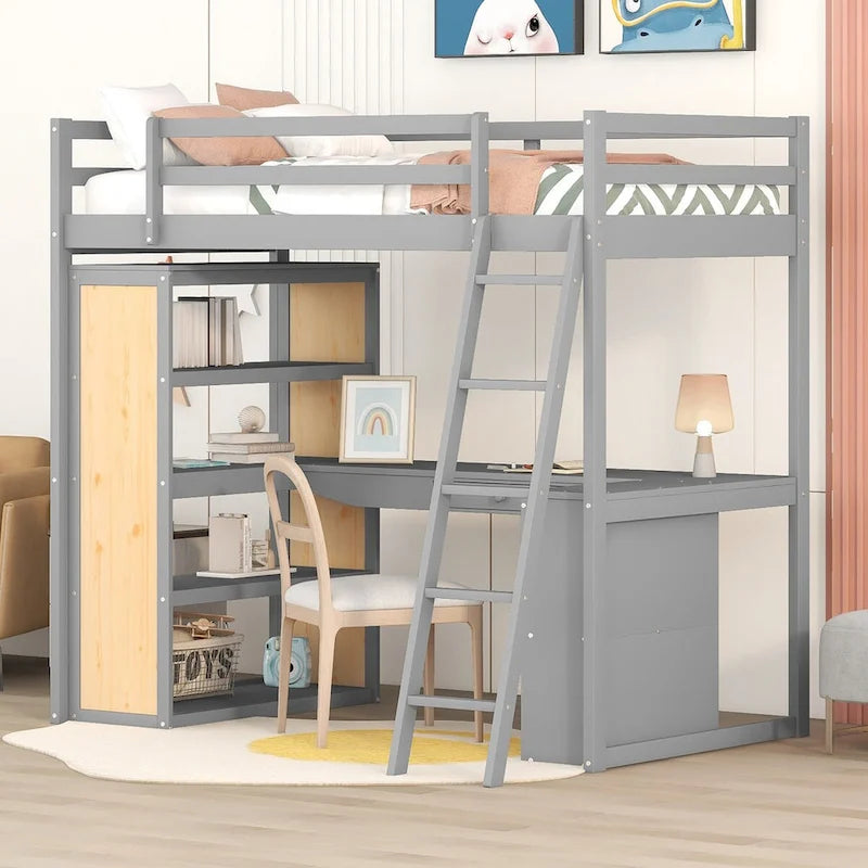 Twin Size Loft Bed with Desk and Drawer, Shelves and Cabinet Underneath, High Loft Bed Twin with Storage for Kids