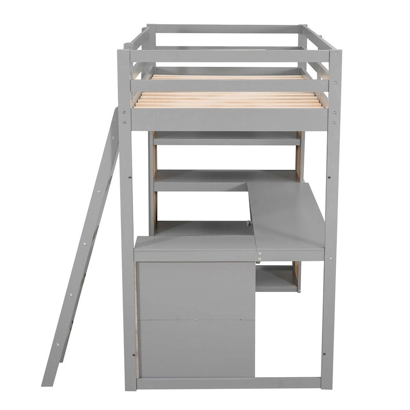 Twin Size Loft Bed with Desk and Drawer, Shelves and Cabinet Underneath, High Loft Bed Twin with Storage for Kids