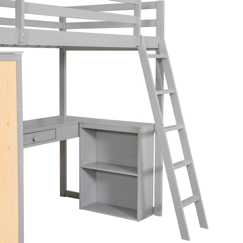 Twin Size Loft Bed with Desk and Drawer, Shelves and Cabinet Underneath, High Loft Bed Twin with Storage for Kids