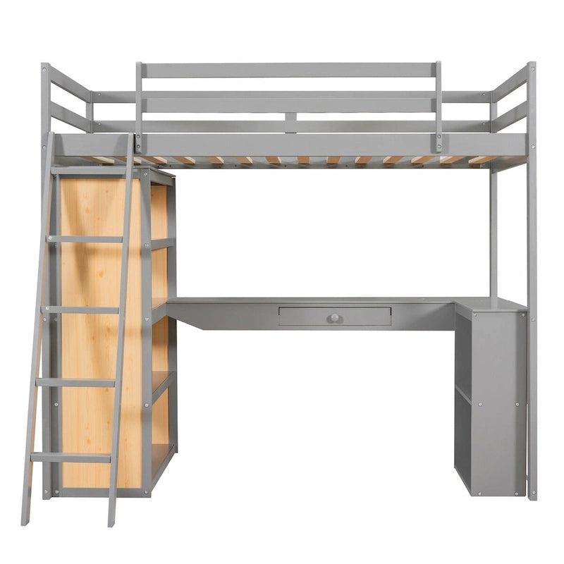 Twin Size Loft Bed with Desk and Drawer, Shelves and Cabinet Underneath, High Loft Bed Twin with Storage for Kids