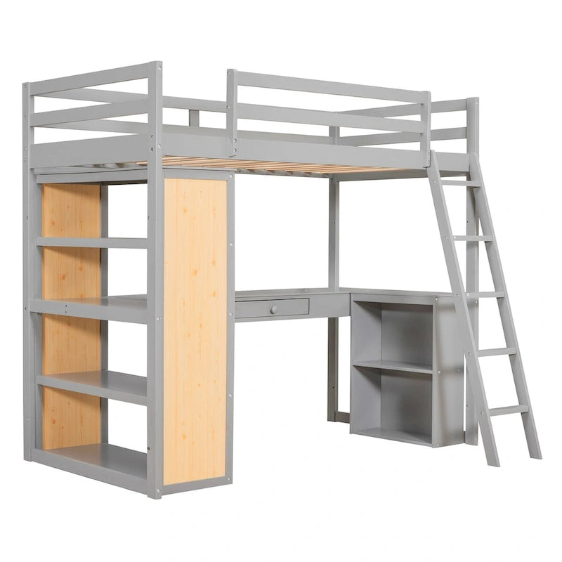 Twin Size Loft Bed with Desk and Drawer, Shelves and Cabinet Underneath, High Loft Bed Twin with Storage for Kids