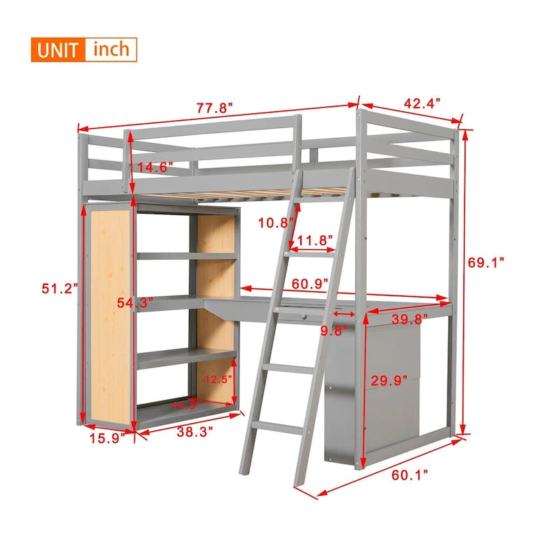 Twin Size Loft Bed with Desk and Drawer, Shelves and Cabinet Underneath, High Loft Bed Twin with Storage for Kids