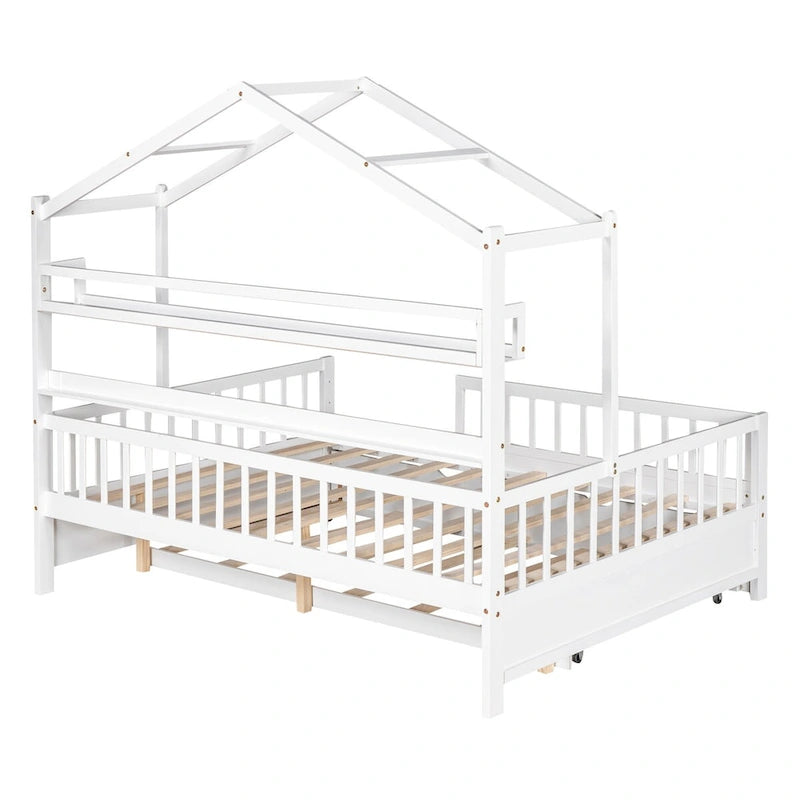 Lit cabane blanc pour enfants en bois avec lit gigogne de taille simple et étagère