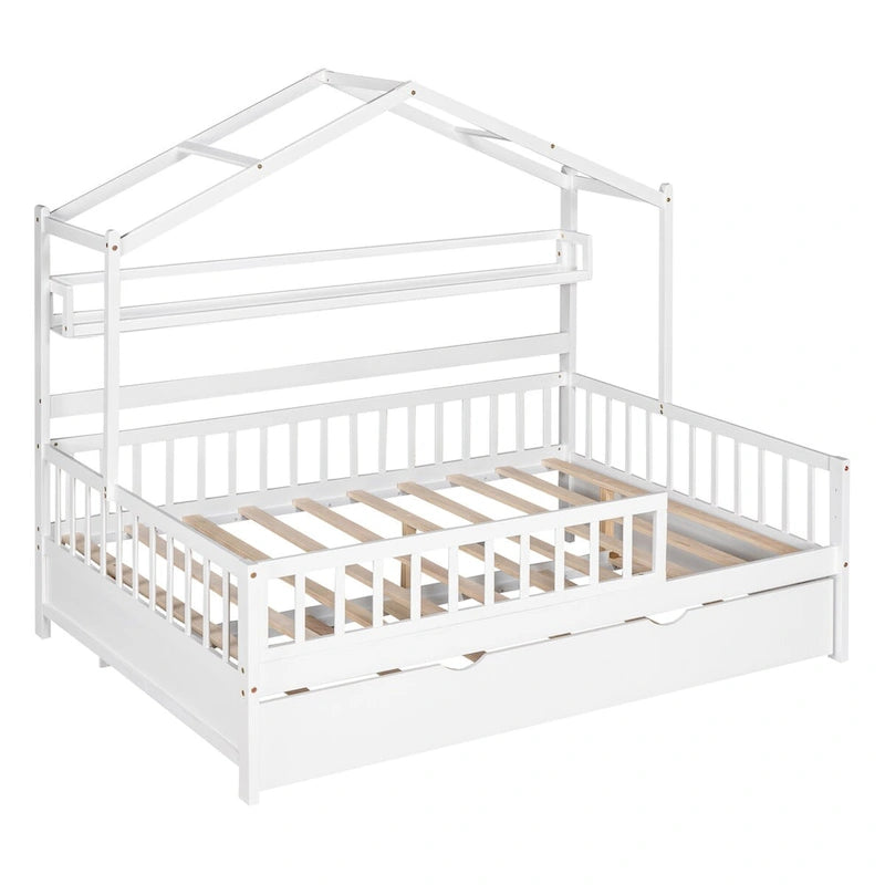 Lit cabane blanc pour enfants en bois avec lit gigogne de taille simple et étagère