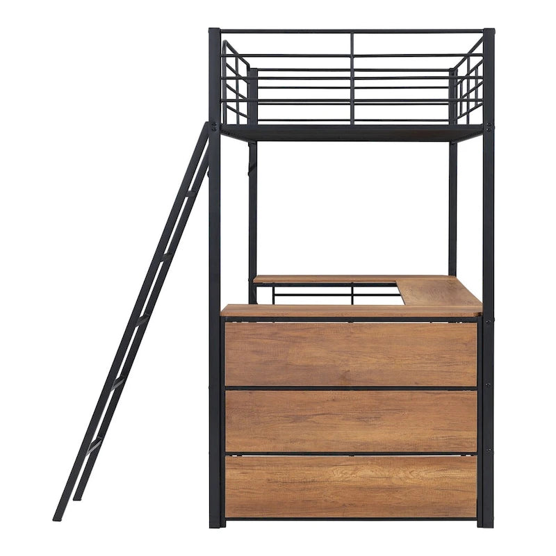 Metall-Hochbett mit L-förmigem Schreibtisch und Regalen mit 3 Ebenen, umstellbare Leiter