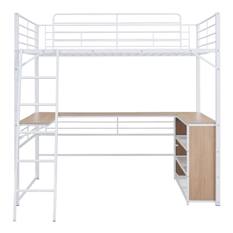 Metall-Hochbett mit L-förmigem Schreibtisch und Regalen mit 3 Ebenen, umstellbare Leiter