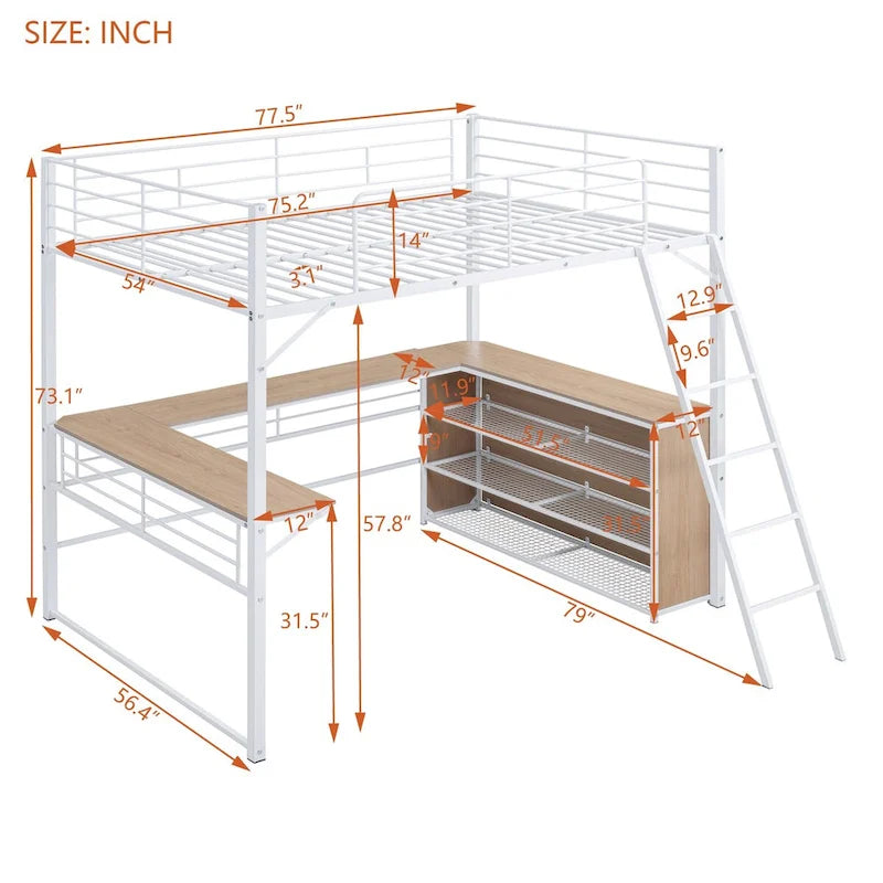 Metall-Hochbett mit L-förmigem Schreibtisch und Regalen mit 3 Ebenen, umstellbare Leiter