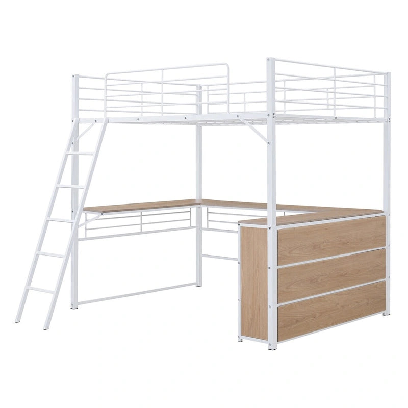 Metall-Hochbett mit L-förmigem Schreibtisch und Regalen mit 3 Ebenen, umstellbare Leiter