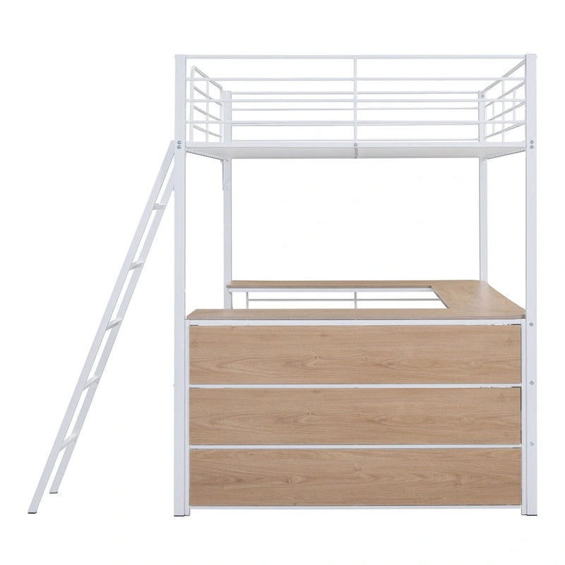 Metall-Hochbett mit L-förmigem Schreibtisch und Regalen mit 3 Ebenen, umstellbare Leiter