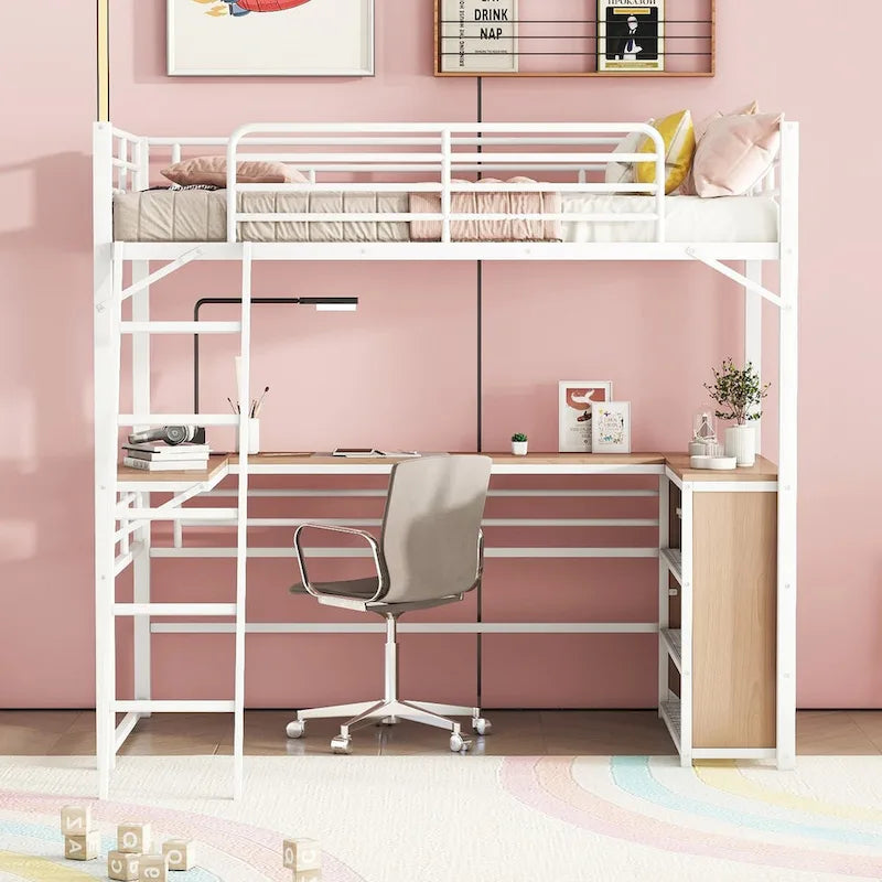 Metall-Hochbett mit L-förmigem Schreibtisch und Regalen mit 3 Ebenen, umstellbare Leiter