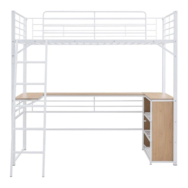 Metall-Hochbett mit L-förmigem Schreibtisch und Regalen mit 3 Ebenen, umstellbare Leiter