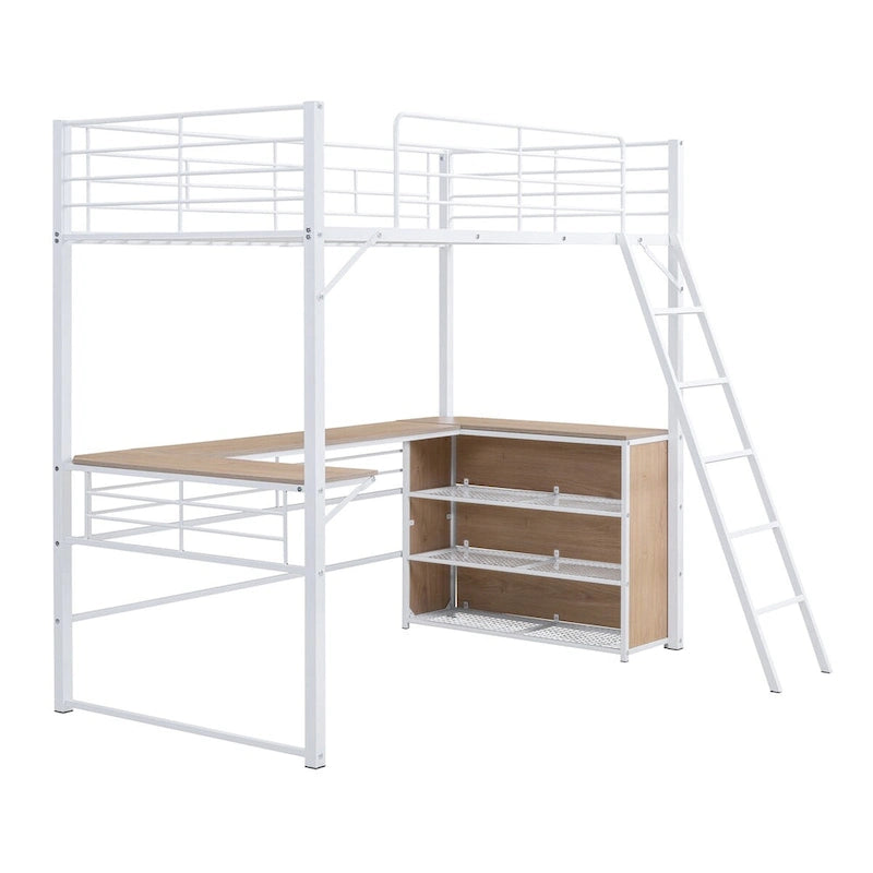 Metall-Hochbett mit L-förmigem Schreibtisch und Regalen mit 3 Ebenen, umstellbare Leiter