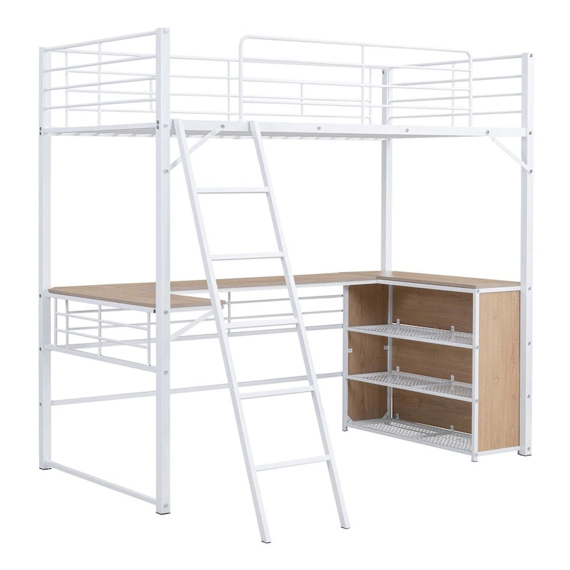 Metall-Hochbett mit L-förmigem Schreibtisch und Regalen mit 3 Ebenen, umstellbare Leiter