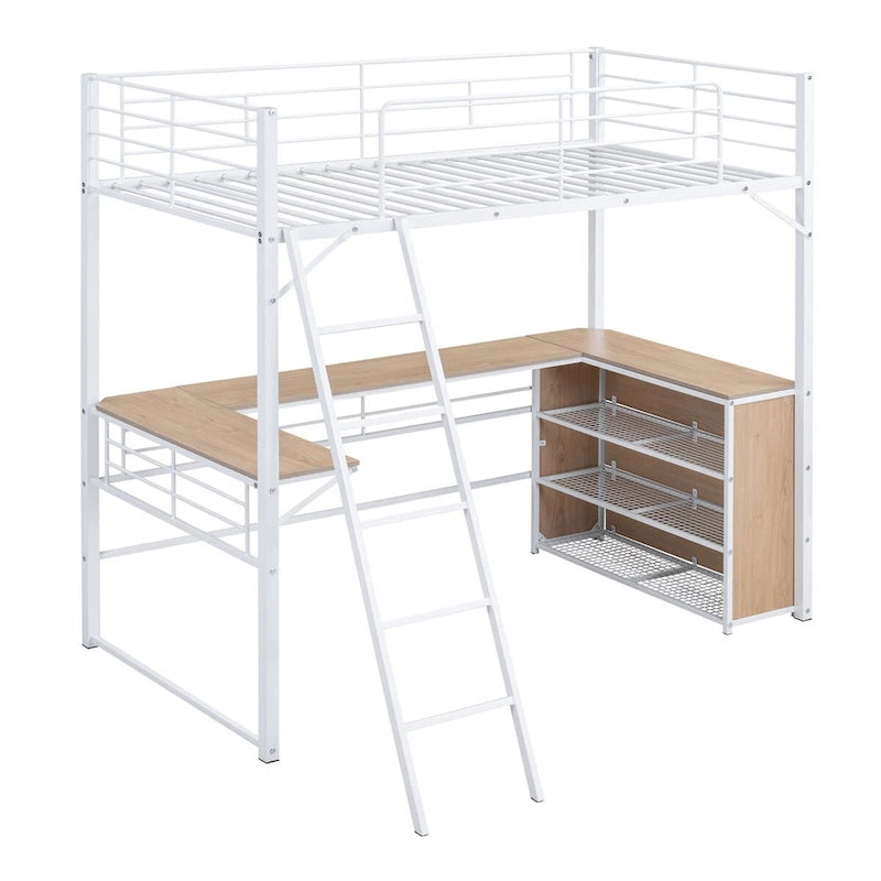 Metall-Hochbett mit L-förmigem Schreibtisch und Regalen mit 3 Ebenen, umstellbare Leiter