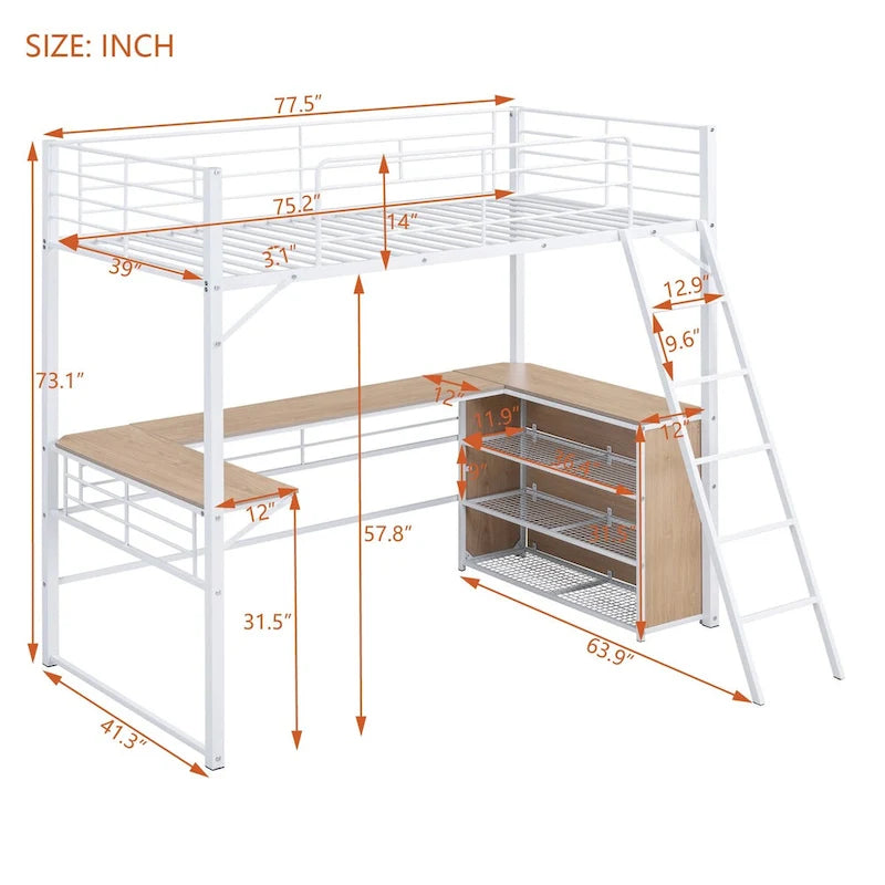 Metall-Hochbett mit L-förmigem Schreibtisch und Regalen mit 3 Ebenen, umstellbare Leiter