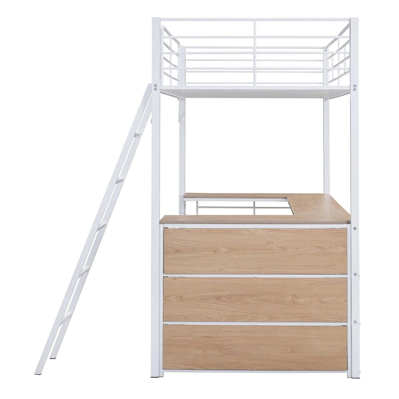 Metall-Hochbett mit L-förmigem Schreibtisch und Regalen mit 3 Ebenen, umstellbare Leiter