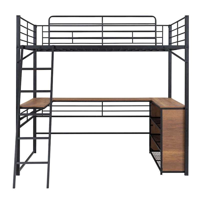 Metall-Hochbett mit L-förmigem Schreibtisch und Regalen mit 3 Ebenen, umstellbare Leiter