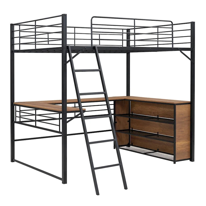 Metall-Hochbett mit L-förmigem Schreibtisch und Regalen mit 3 Ebenen, umstellbare Leiter