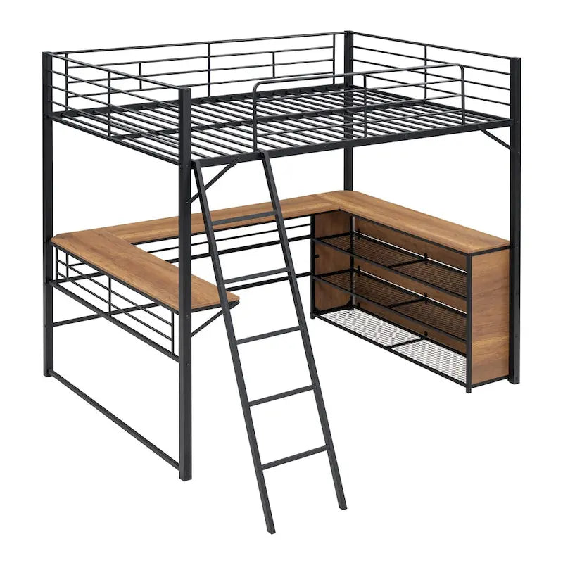 Metall-Hochbett mit L-förmigem Schreibtisch und Regalen mit 3 Ebenen, umstellbare Leiter