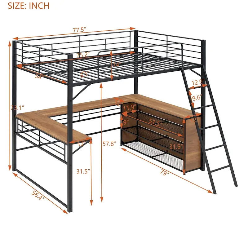 Metall-Hochbett mit L-förmigem Schreibtisch und Regalen mit 3 Ebenen, umstellbare Leiter