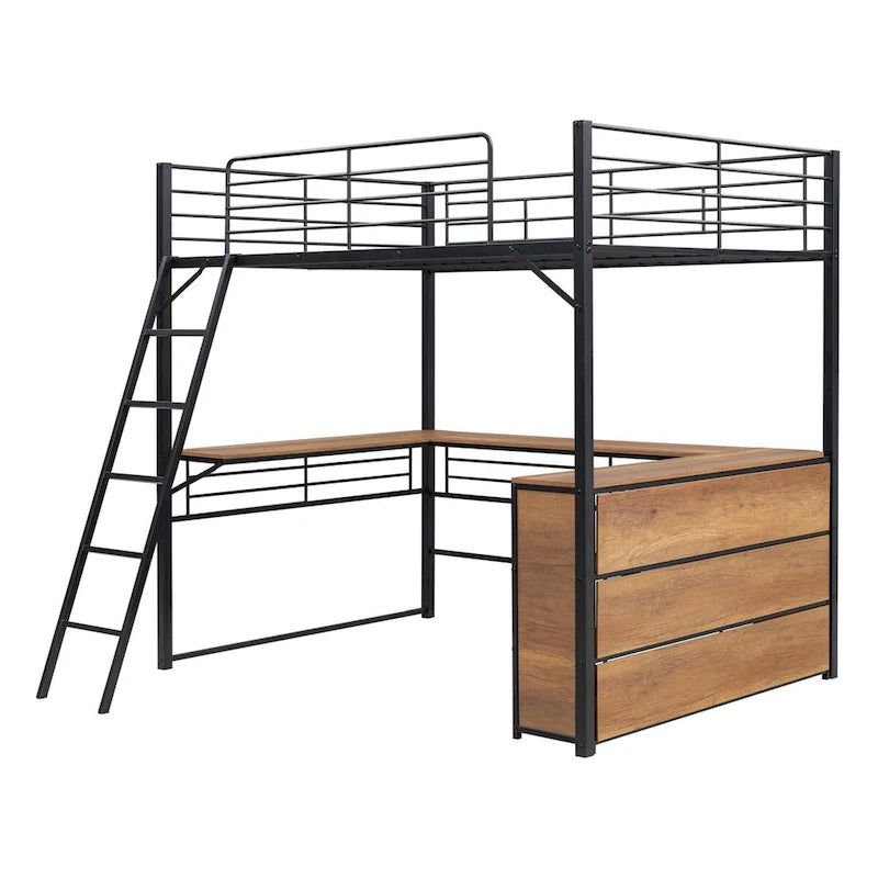 Metall-Hochbett mit L-förmigem Schreibtisch und Regalen mit 3 Ebenen, umstellbare Leiter