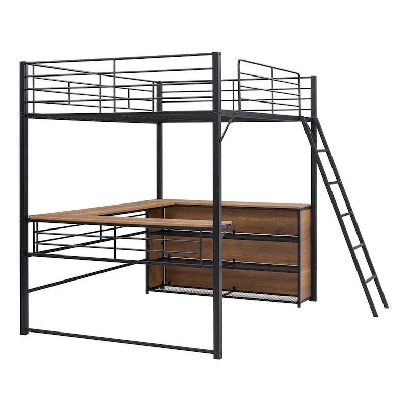 Metall-Hochbett mit L-förmigem Schreibtisch und Regalen mit 3 Ebenen, umstellbare Leiter