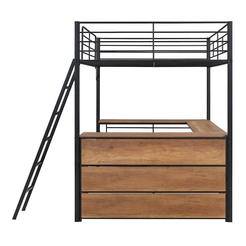 Metall-Hochbett mit L-förmigem Schreibtisch und Regalen mit 3 Ebenen, umstellbare Leiter