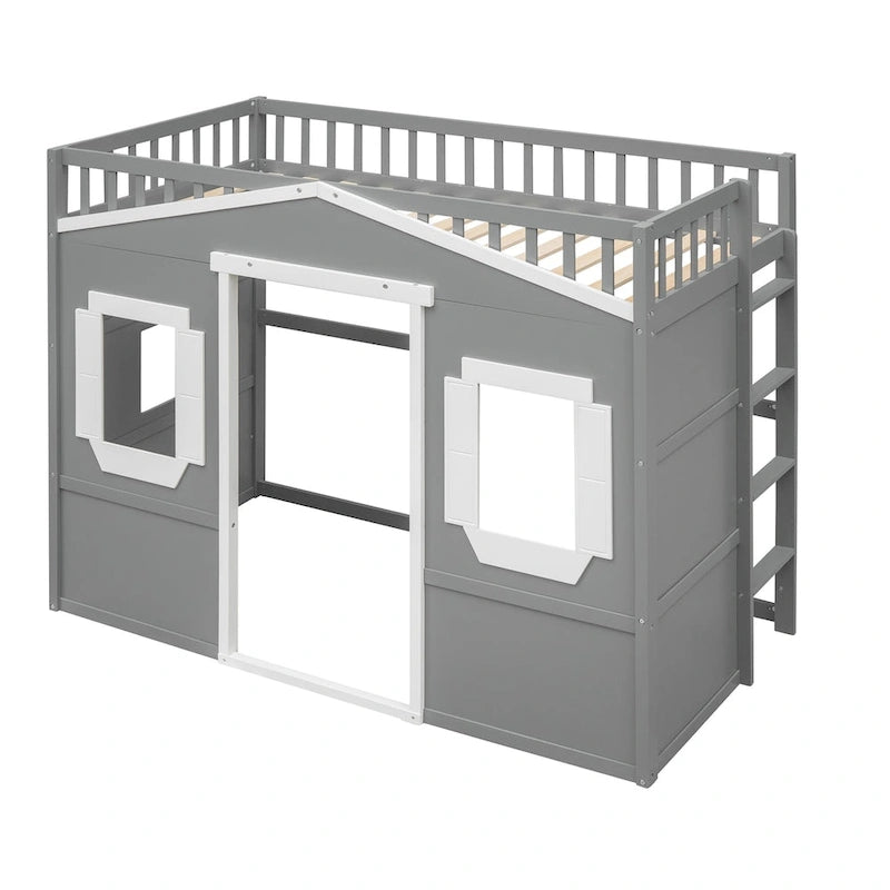Gray/White Castle Style Solid Pine Wood Loft Bed with Ladder and Guard Rails