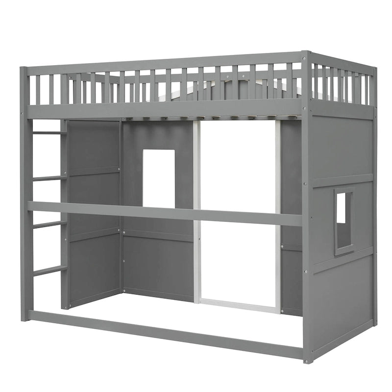 Gray/White Castle Style Solid Pine Wood Loft Bed with Ladder and Guard Rails