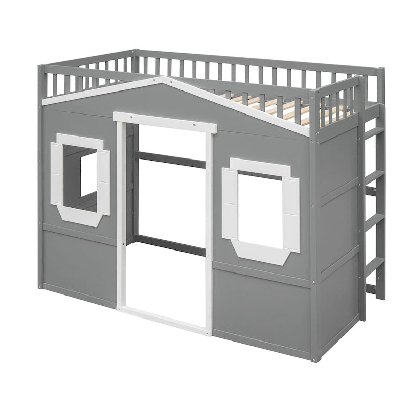Gray/White Castle Style Solid Pine Wood Loft Bed with Ladder and Guard Rails