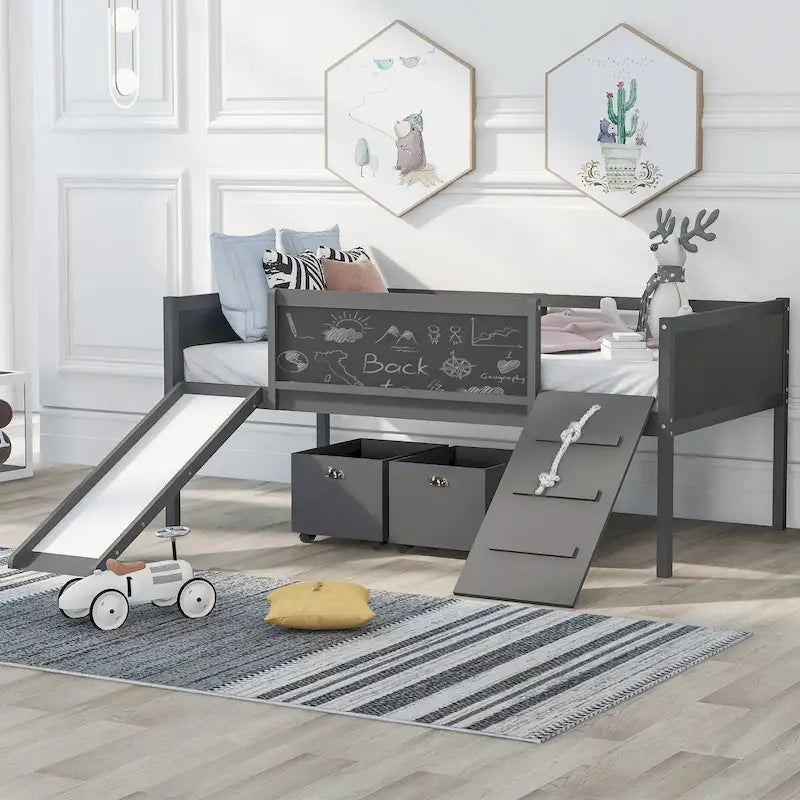 Twin size Loft Bed Wood Bed with Three Blackboards, Two Storage Boxes and A Slide, Three Colors Available