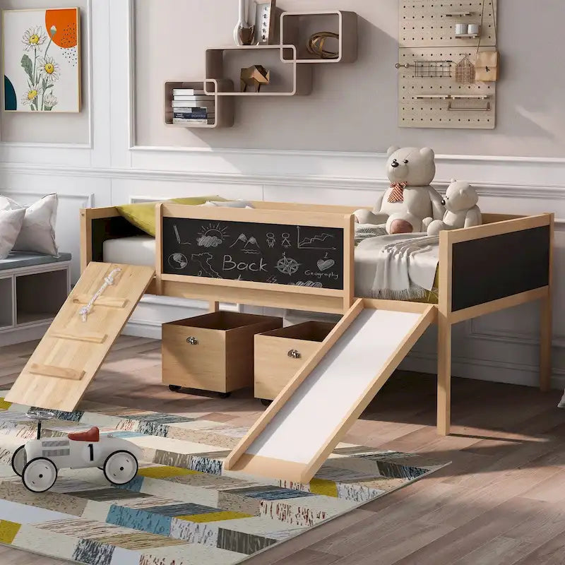 Twin size Loft Bed Wood Bed with Three Blackboards, Two Storage Boxes and A Slide, Three Colors Available