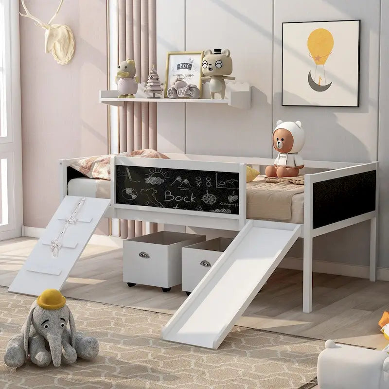 Twin size Loft Bed Wood Bed with Three Blackboards, Two Storage Boxes and A Slide, Three Colors Available