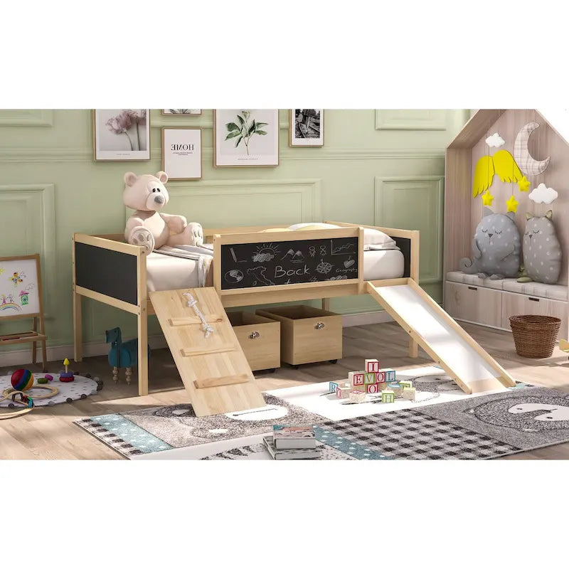 Twin size Loft Bed Wood Bed with Three Blackboards, Two Storage Boxes and A Slide, Three Colors Available