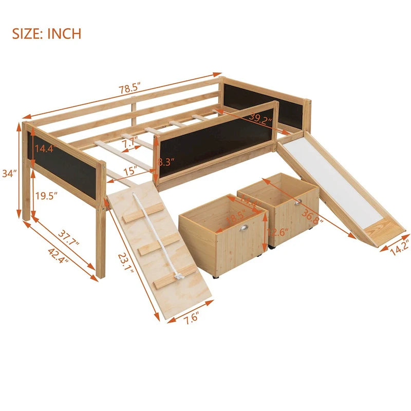 Twin size Loft Bed Wood Bed with Three Blackboards, Two Storage Boxes and A Slide, Three Colors Available