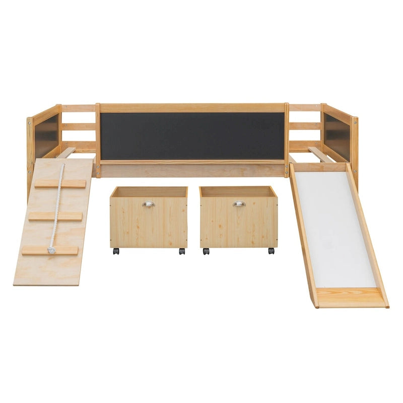 Twin size Loft Bed Wood Bed with Three Blackboards, Two Storage Boxes and A Slide, Three Colors Available