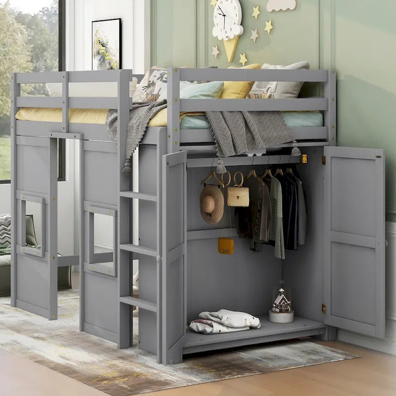 Wood Twin Size Loft Bed with Built-In Storage Wardrobe and 2 Windows, Full-Length Guardrails Upper Bunk