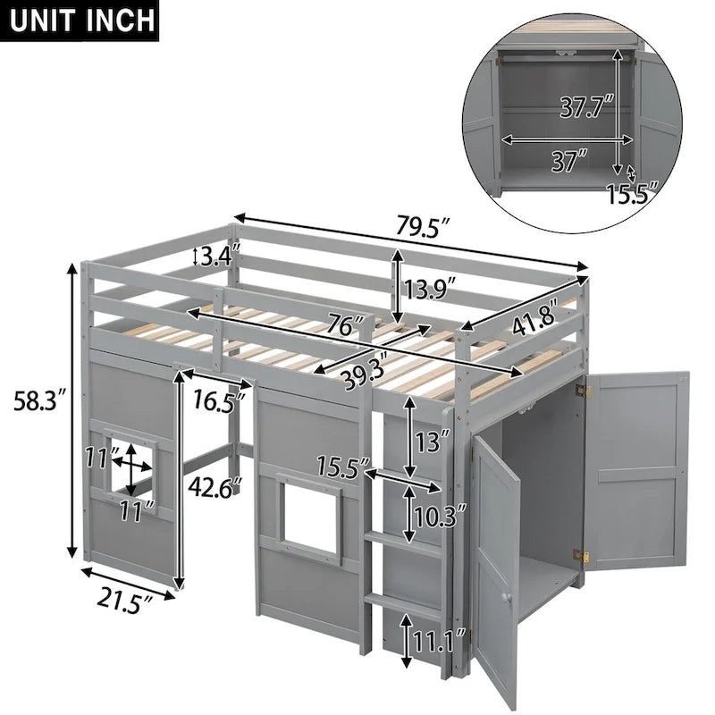 Wood Twin Size Loft Bed with Built-In Storage Wardrobe and 2 Windows, Full-Length Guardrails Upper Bunk