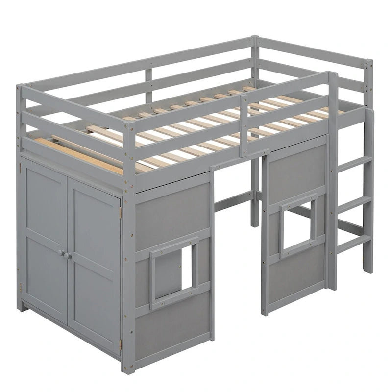 Letto a soppalco in legno singolo con armadio contenitore integrato e 2 finestre, sponde di protezione a tutta lunghezza sul letto superiore